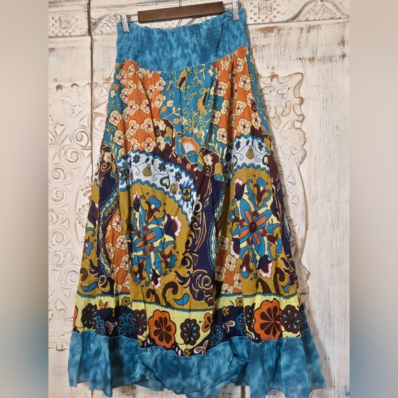 Chaudrey Bohemian Patchwork Maxi Skirt - Teal & Mustard Large - Picture 4 of 6